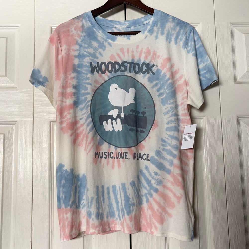 NWT Woodstock x Lucky Brand Pastel Tie Dye 60s Hippie Music Festival Graphic Tee
